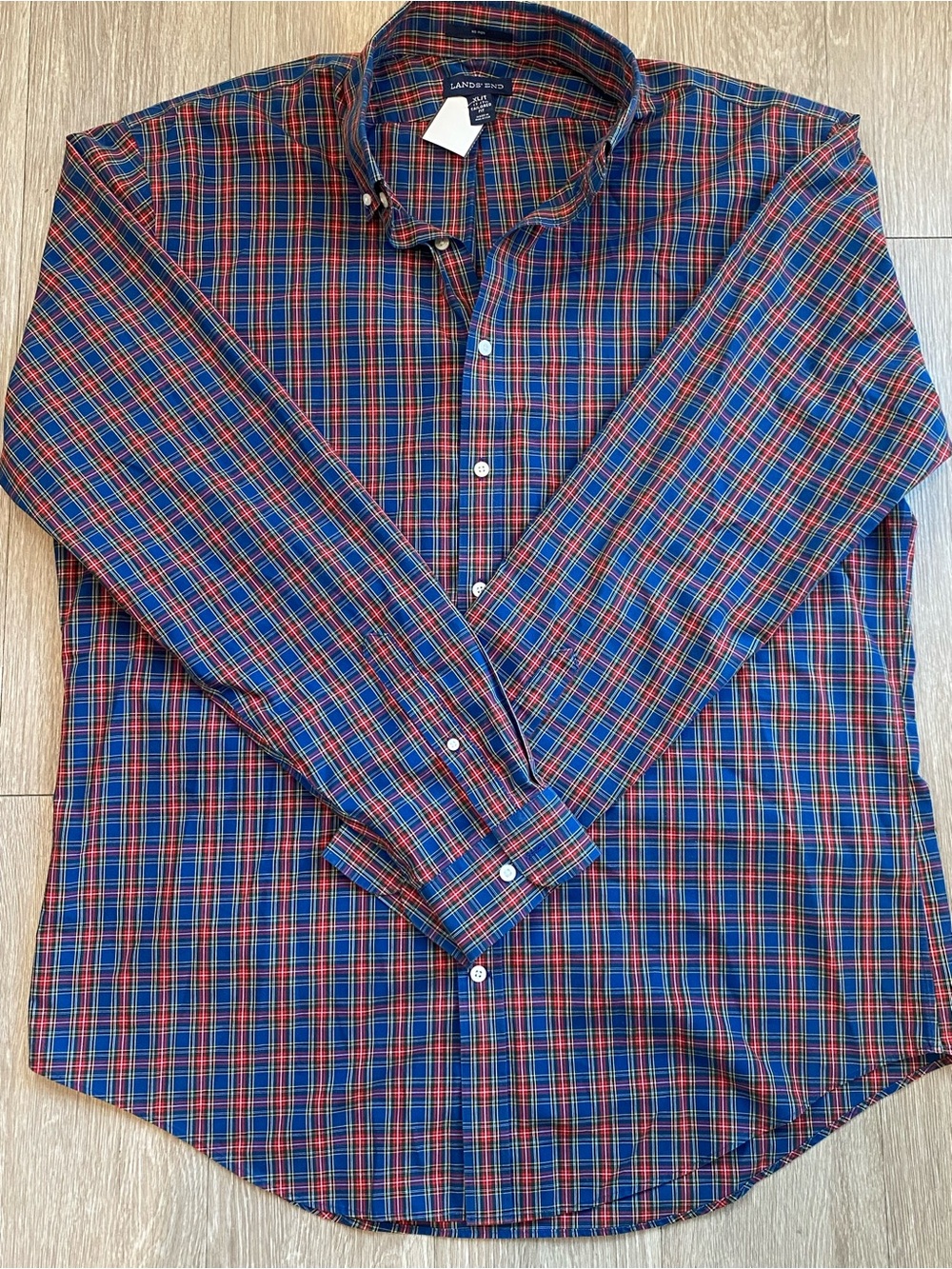 Lands' End Mens XL Tailored Fit Plaid Button Down Shirt No Iron 100% Cotton Navy